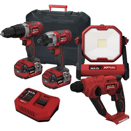 Lumberjack Cordless 20V Combi Drill Impact Driver Work Light & SDS Drill with 4A Batteries & Fast Charger