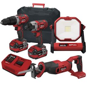 Lumberjack Cordless 20V Combi Drill Impact Driver Drill Work Light & Recip Reciprocating Saw with 4A Batteries & Fast Charger